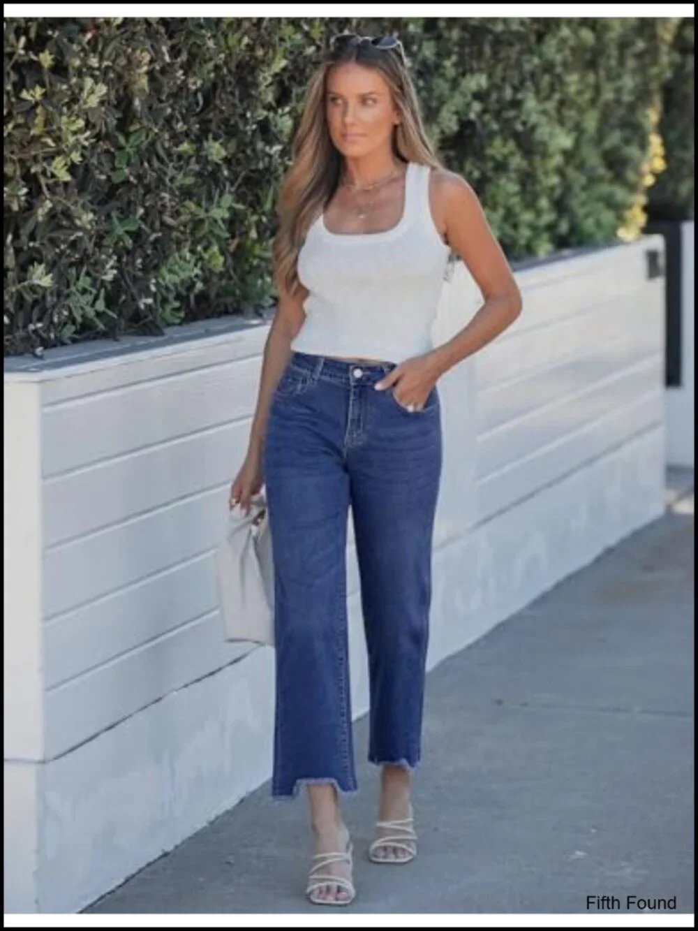 Straight Leg Cropped Jeans Mid Rise Baggy Distressed Raw Hem Stretchy Denim
